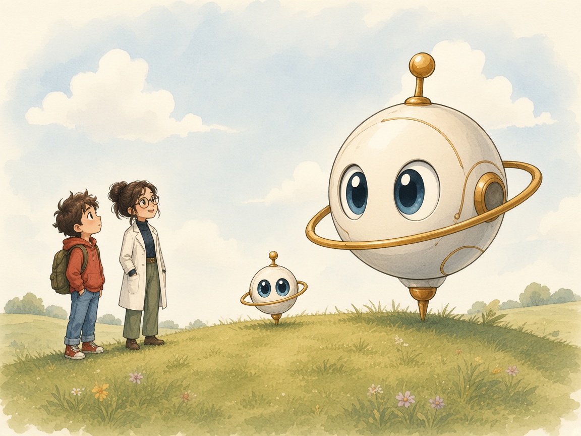 A small Attention orb standing beside a much larger version of itself; Adam looks up, Prof. Nova smiles.